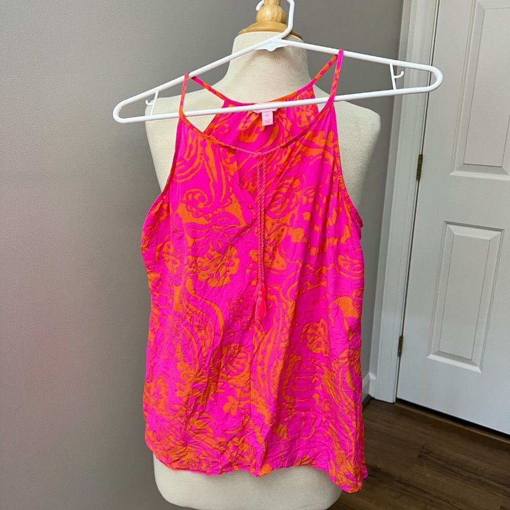 Lilly Pulitzer Pink Finn Silk Halter Pop Orange Tassel Tank Top/Cami Size XS - Picture 9 of 10